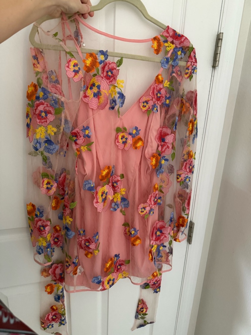 For Love & Lemons Pink Sheer Floral Embroidered Slip Dress